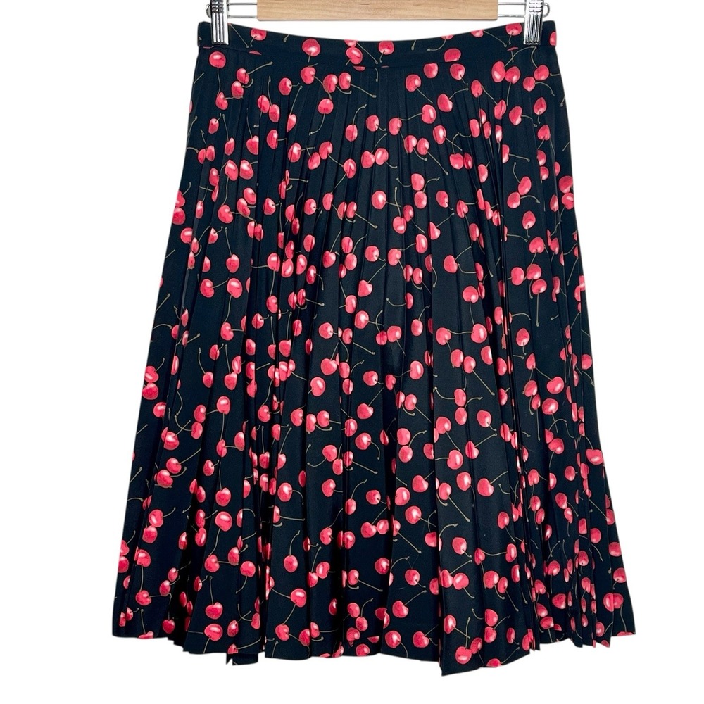 J Crew Cherry Print Pleated Skirt Womens Size 2 Knee Midi Preppy Twee Fruit